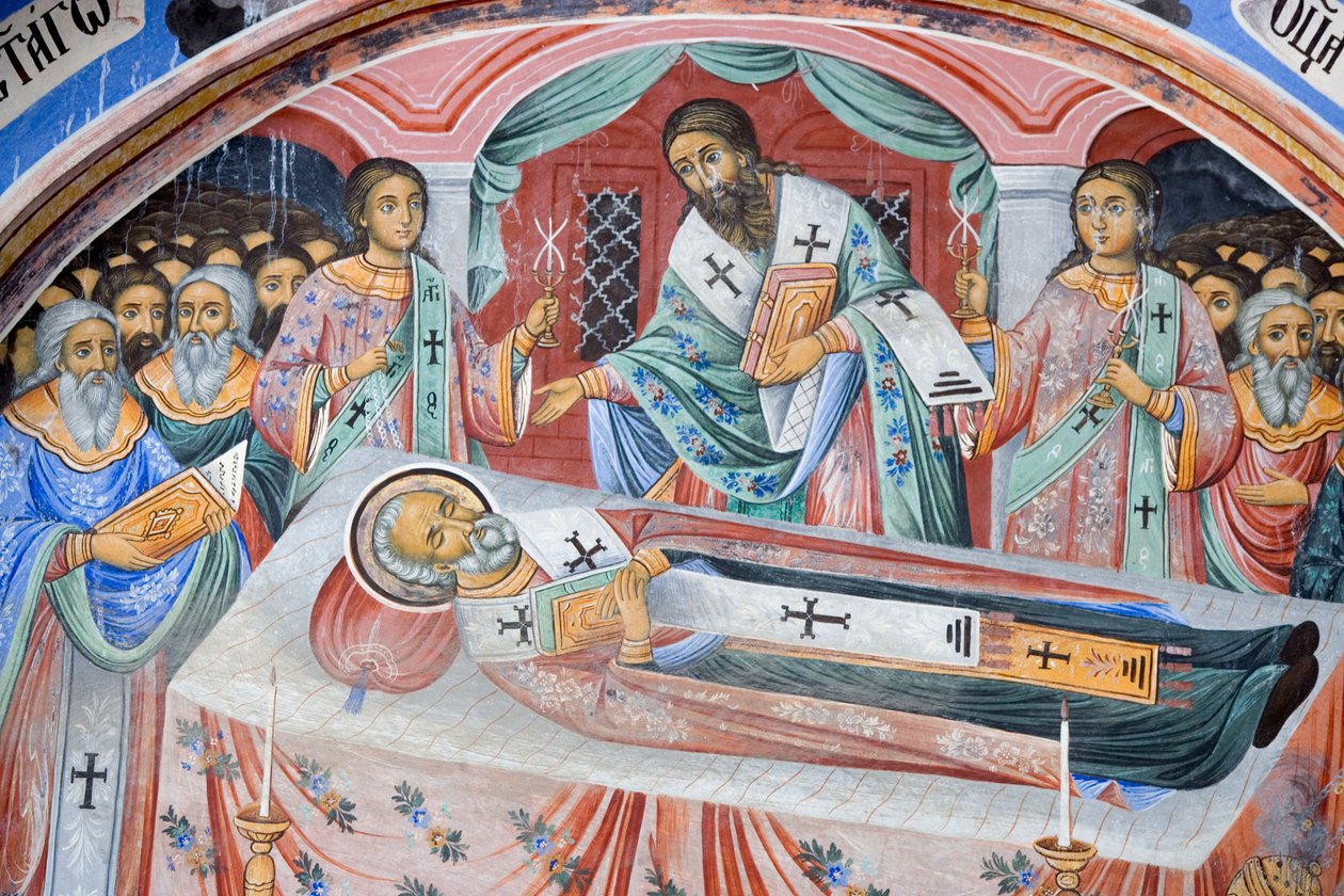 Bulgaria, Monastero di Rila, affresco funebre nella chiesa della Natività della Vergine da Bulgarian School