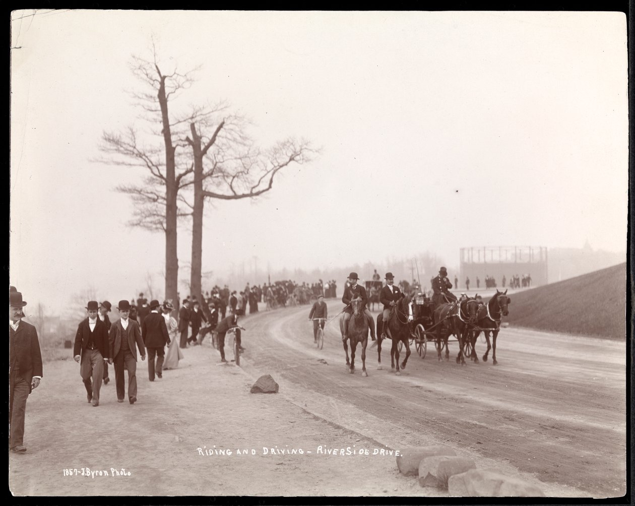 Ciclisti e carrozze trainate da cavalli alla curva di Riverside Drive, New York, 1896 da Byron Company