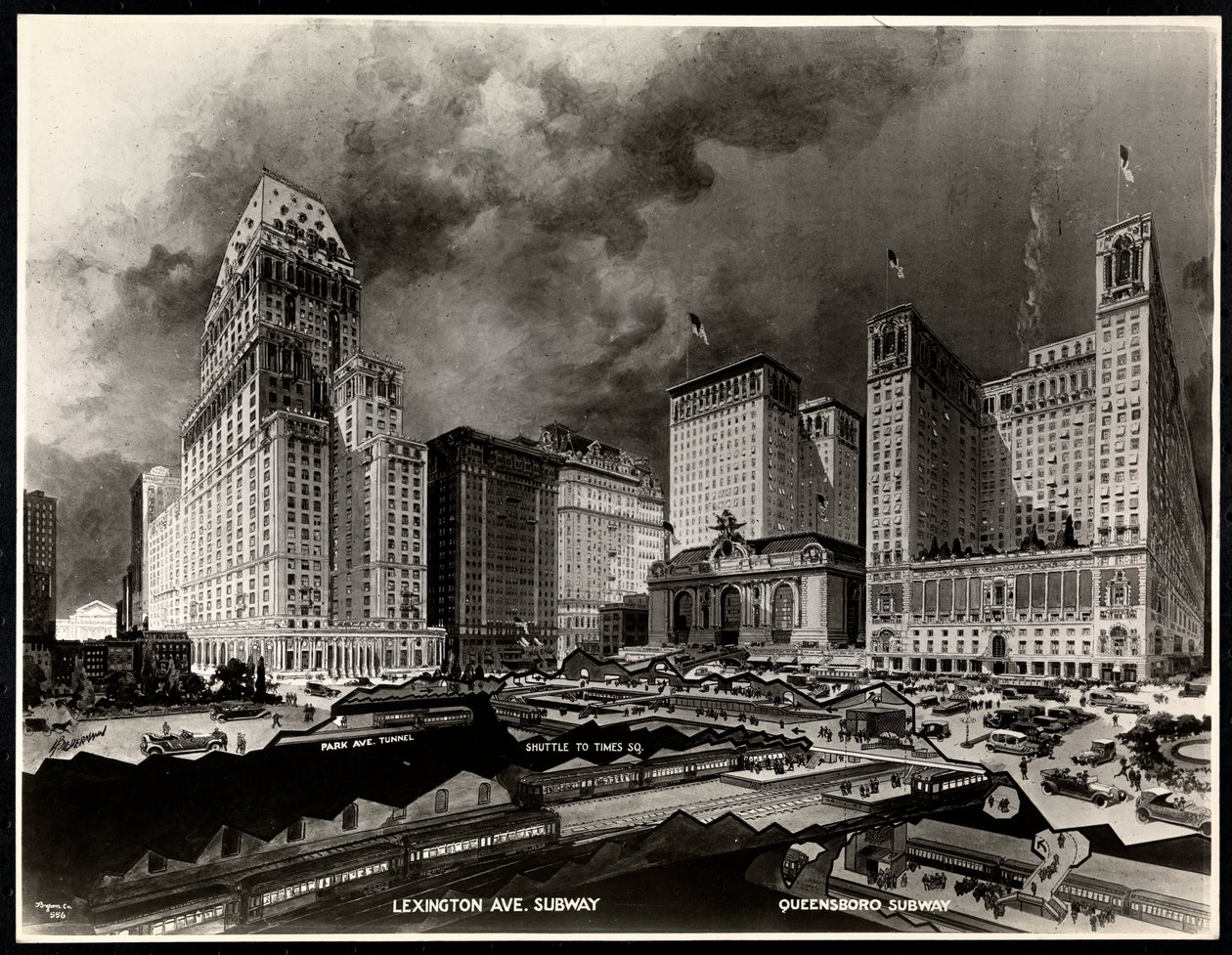Fotografia di un disegno delle rotte della metropolitana intorno a Pershing Square di H. Bierdermann, 1919 da Byron Company