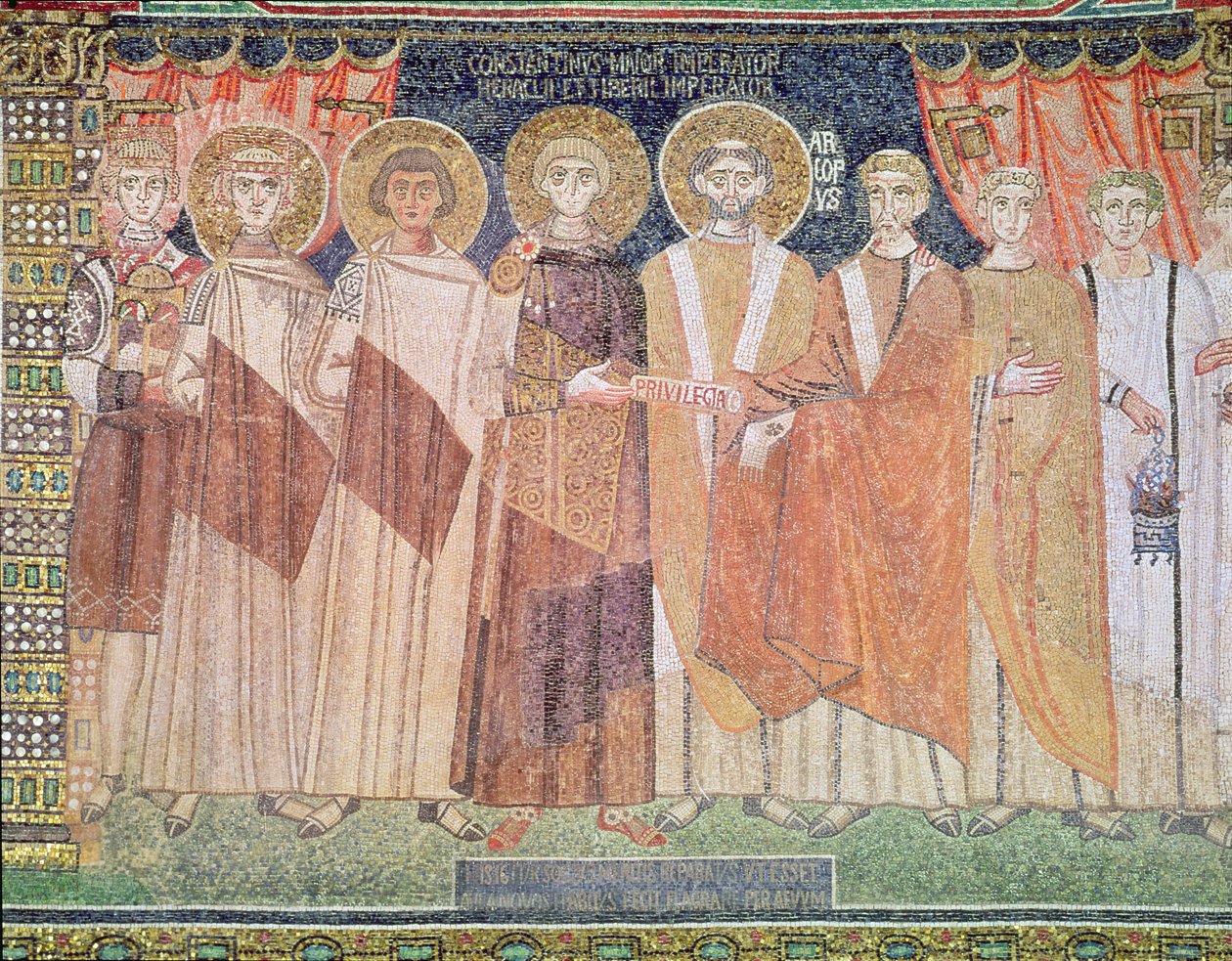 Costantino IV concede privilegi al vescovo Reparato per la chiesa di Ravenna, 671-77 (mosaico) da Byzantine School
