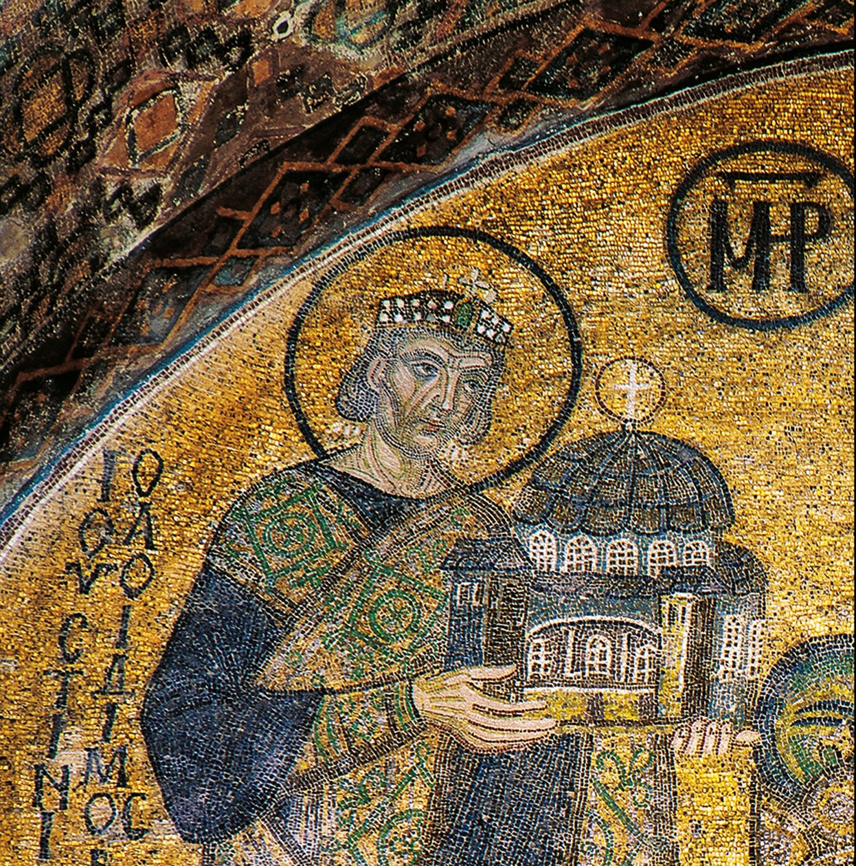 Imperatore Giustiniano che presenta la Hagia Sophia alla Vergine e al Bambino (mosaico) da Byzantine