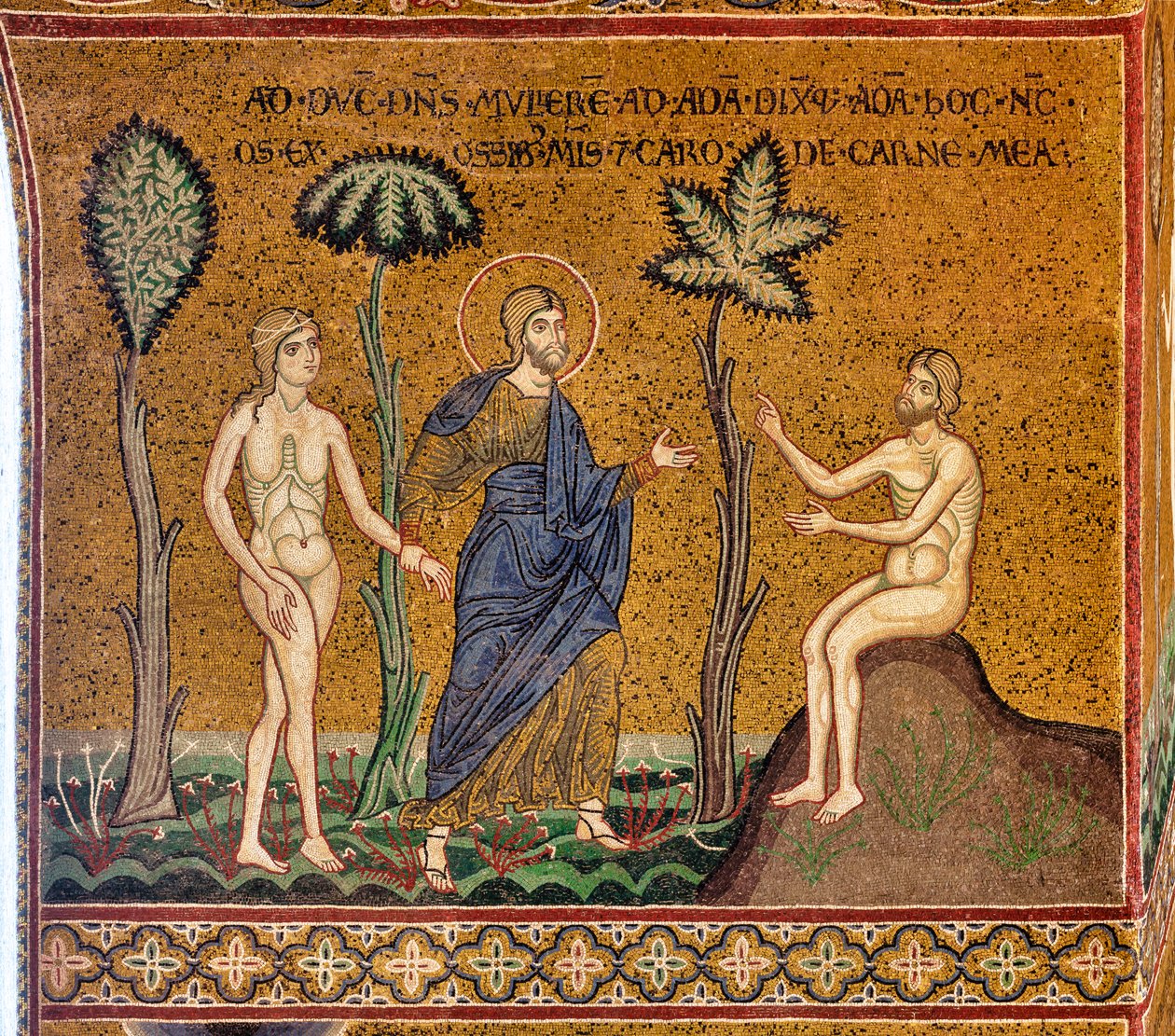 Dio presenta Eva ad Adamo, mosaico bizantino, XII-XIII sec, sulla controfacciata da Byzantine