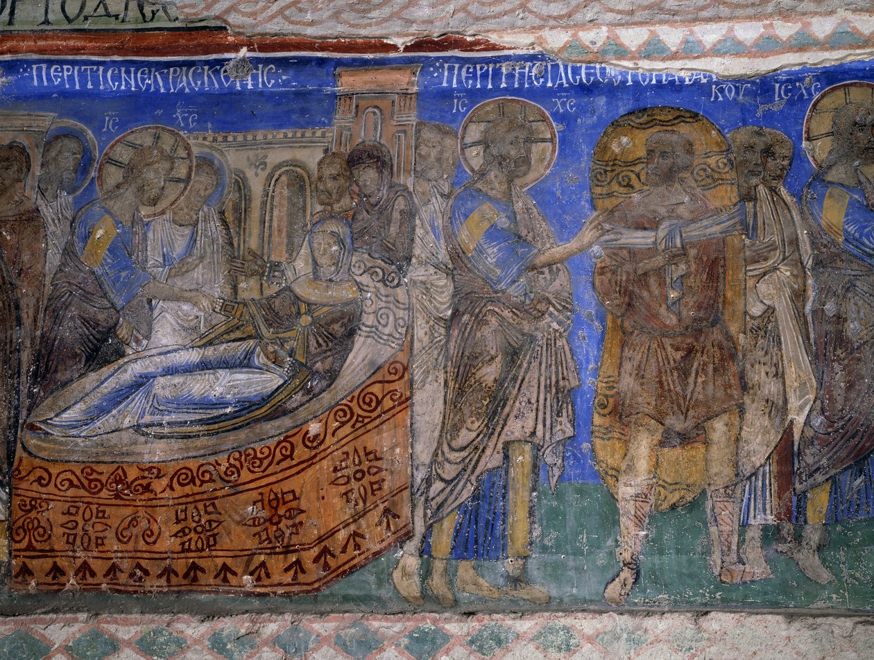 Guarigione della suocera di Simon Pietro e del paralitico, affresco bizantino (XII secolo), Tokali Kilise (Chiesa della Fibbia) (XII-XIII secolo), Goreme (Patrimonio dell