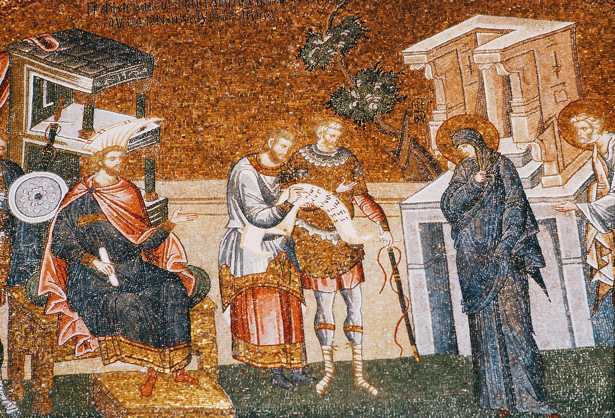 Maria e Giuseppe davanti a Cyremius per la registrazione delle tasse, con una guardia, uno scriba e un ufficiale, c. 14° secolo (mosaico) (dettaglio) da Byzantine
