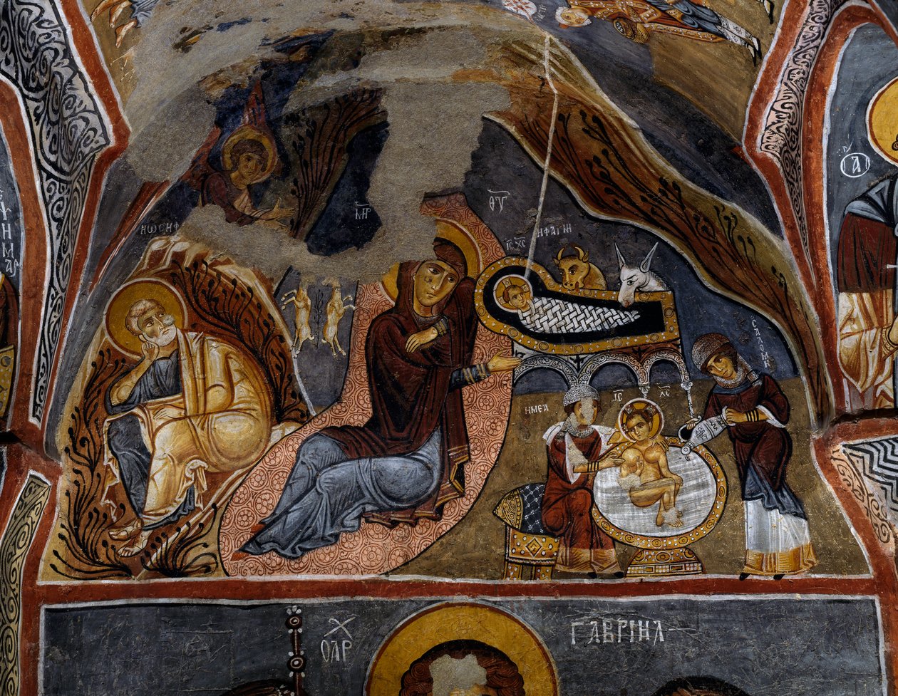 Natività, affresco bizantino (XII secolo), Karanlik Kilise (Chiesa Oscura) (XII-XIII secolo), Goreme (Patrimonio dell