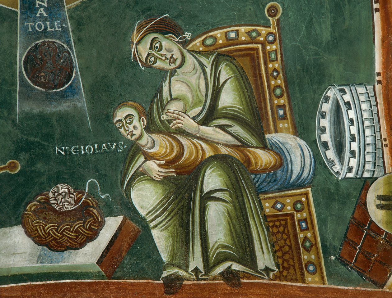 San Nicola rifiuta il latte materno, dalle Storie della vita di San Nicola, dettaglio degli affreschi romanici in stile bizantino, fine XI secolo, Cappella di Sant