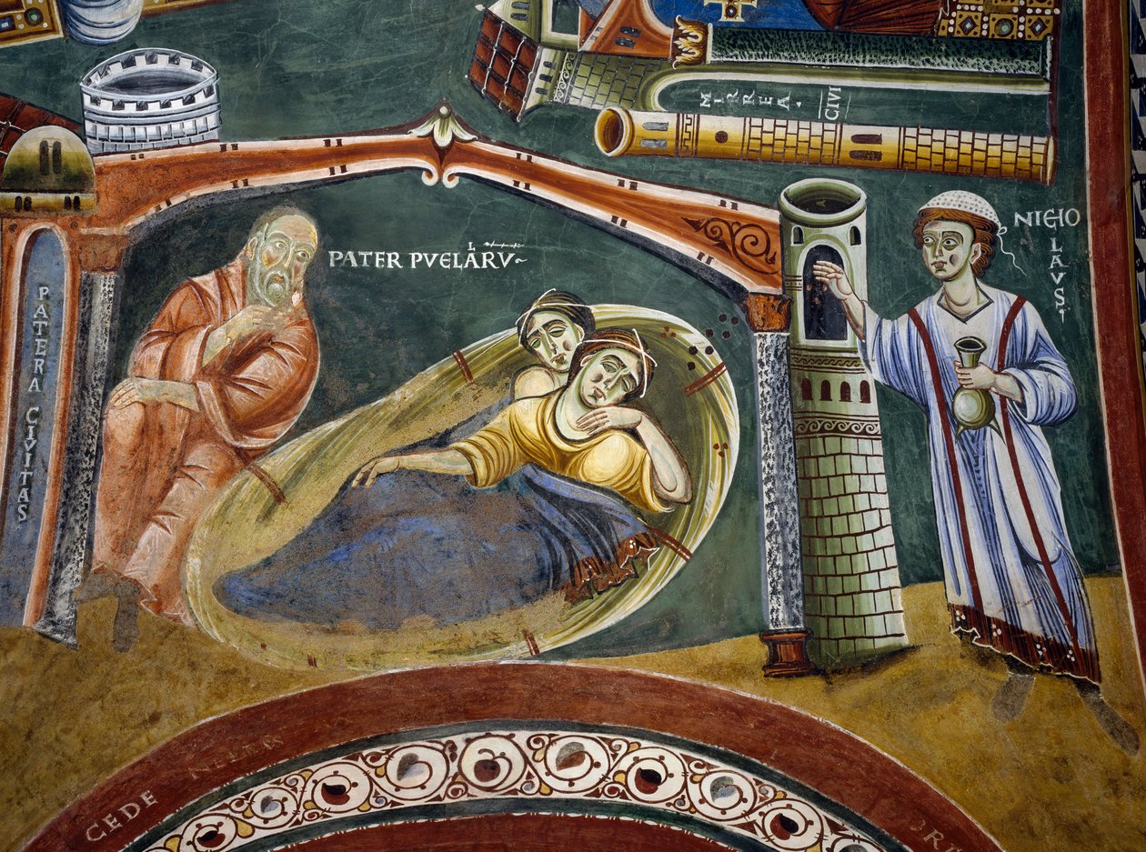 San Nicola salva un ricco mercante caduto in povertà e paga la dote delle sue figlie, dettaglio dalle Storie di San Nicola, affresco romanico, stile bizantino, fine XI secolo, Cappella di Sant