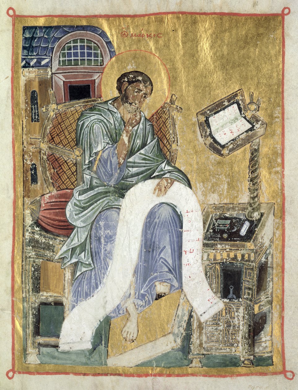San Marco che scrive il suo Vangelo (foglio di un salterio) (pergamena) da Byzantine