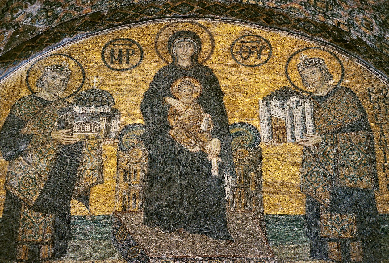 Vergine e Bambino tra gli Imperatori Giustiniano e Costantino a Santa Sofia (mosaico) da Byzantine