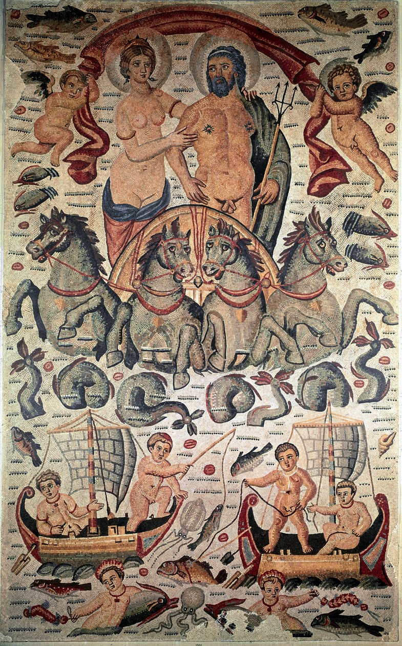 Arte bizantina: Trionfo di Nettuno e Anfitrite. Nettuno e Anfitrite nudi su un carro trainato da quattro cavalli marini. Mosaico del III secolo. Dim: 3,1x1,96m. Museo del Louvre, Parigi da Byzantine Byzantine