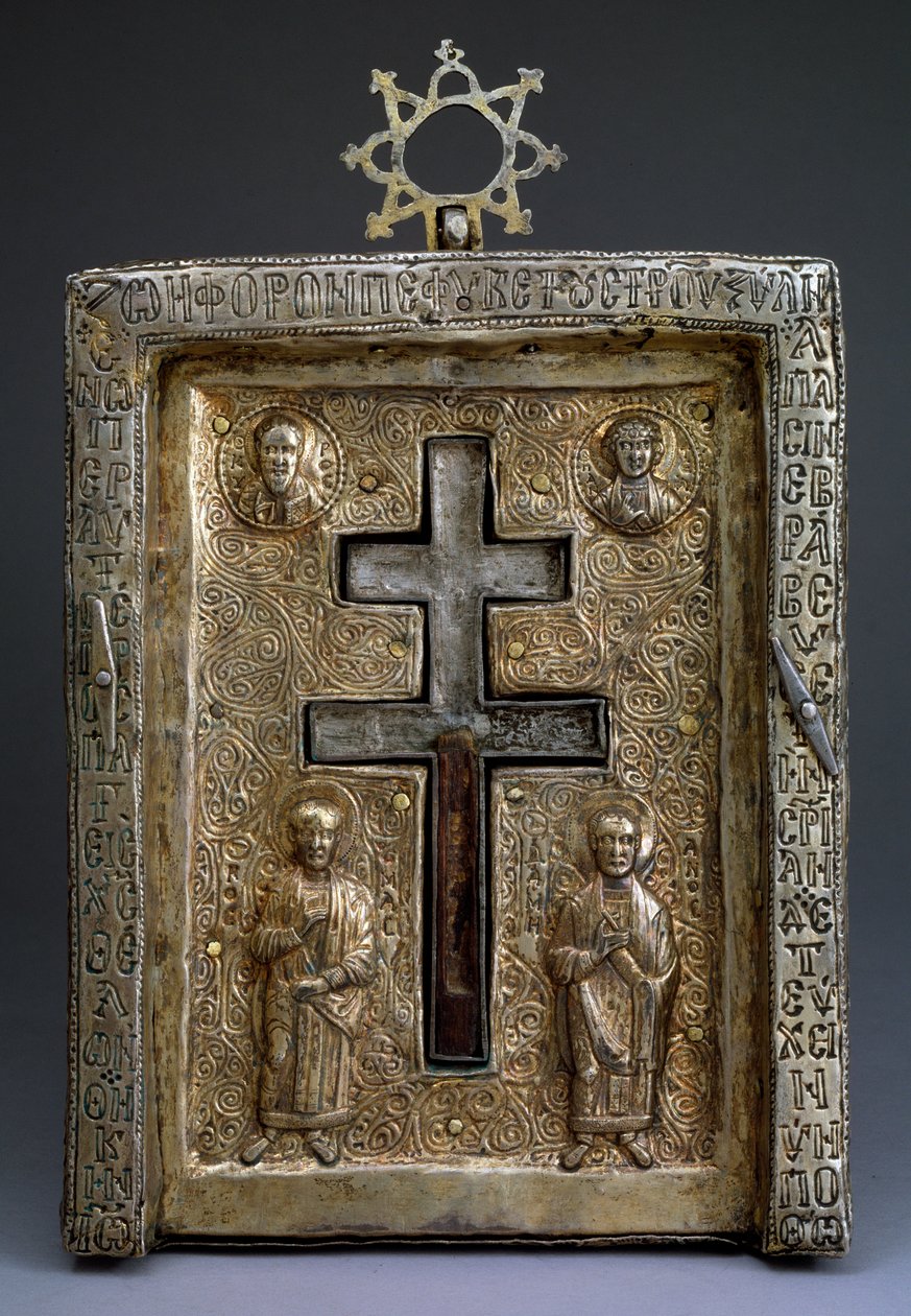 Reliquiario a croce in argento dorato, bizantino, XII secolo da Byzantine Byzantine
