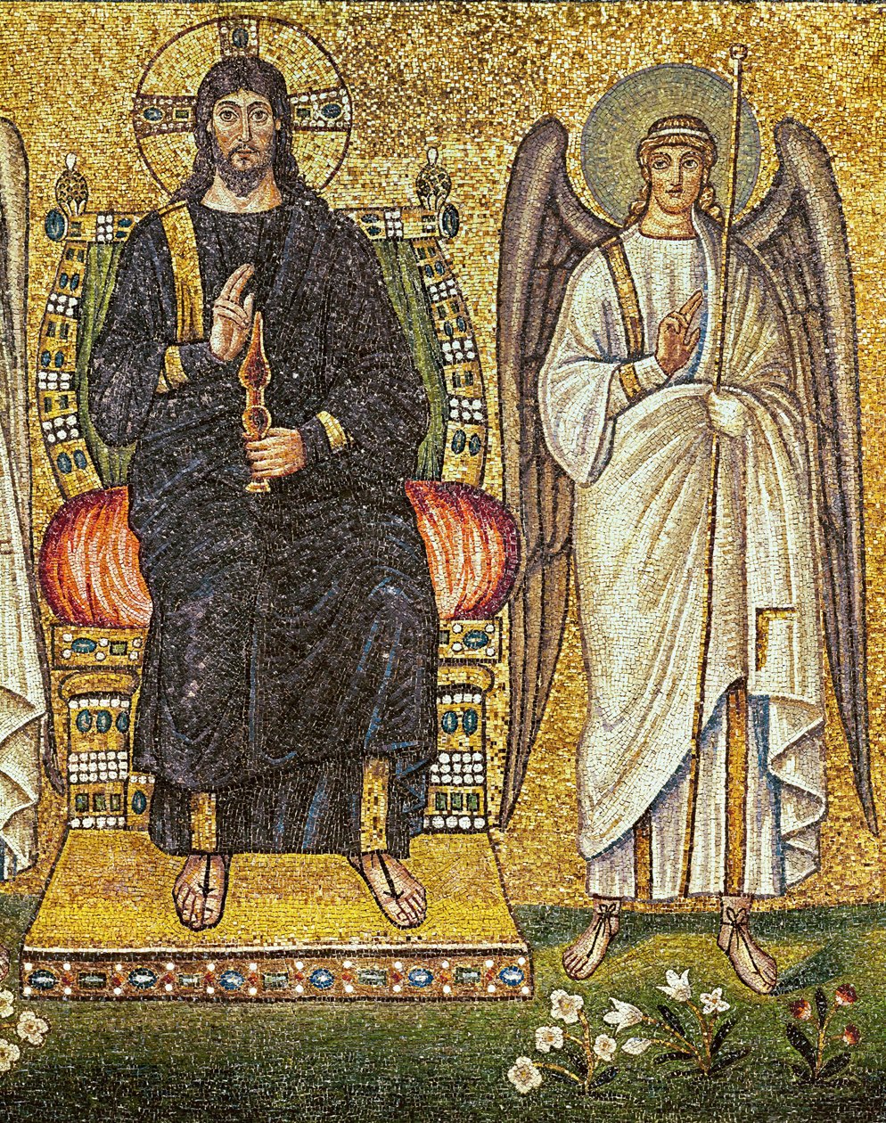 Cristo giudice in trono con un angelo al suo fianco, particolare, VI secolo (mosaico) da Byzantine School