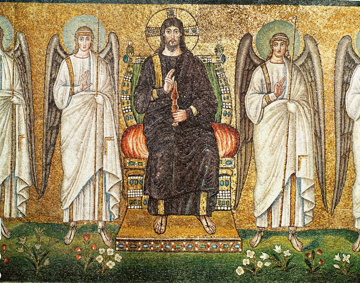 Cristo giudice in trono con due angeli, VI secolo (mosaico) da Byzantine School
