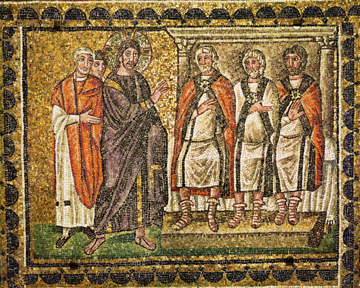 Cristo davanti a Caifa e ai sommi sacerdoti, VI secolo (mosaico) da Byzantine School