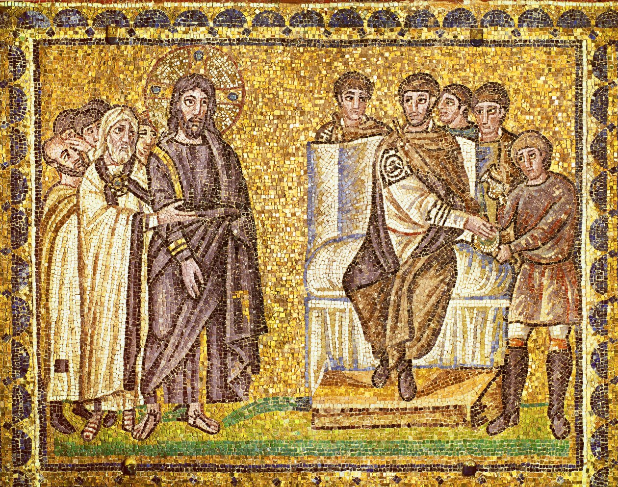 Cristo davanti a Pilato che si lava le mani, sommi sacerdoti e soldati romani, VI secolo (mosaico) da Byzantine School