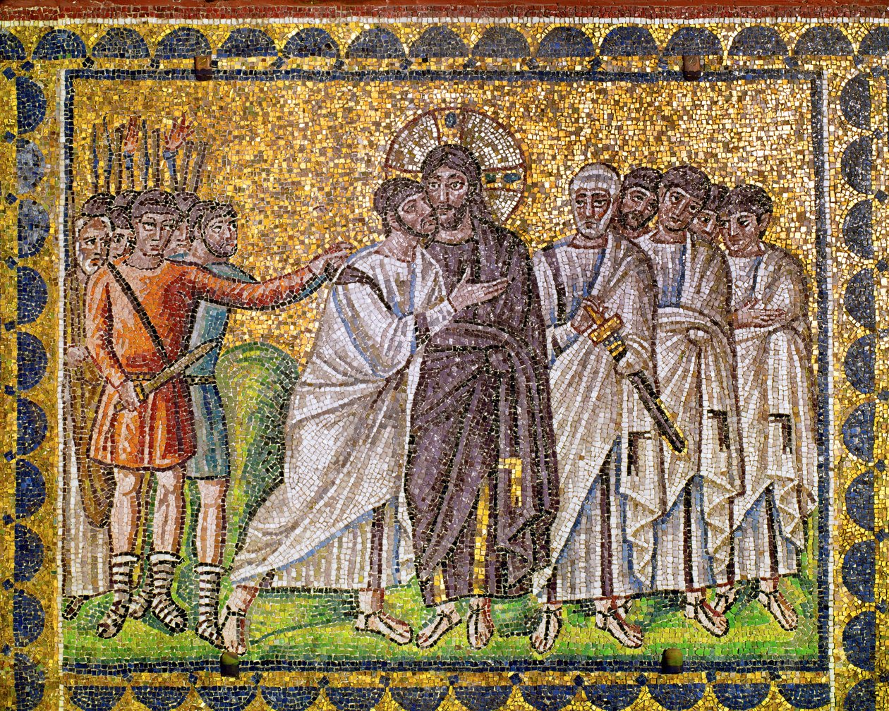 Cristo circondato dagli apostoli; viene catturato dai soldati romani, VI secolo (mosaico) da Byzantine School
