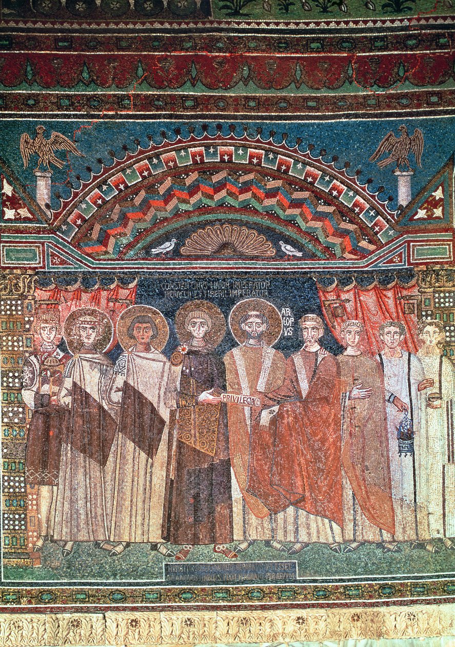 Costantino IV (654-85) concede privilegi al vescovo Reparato per la chiesa di Ravenna, 671-77 (mosaico) da Byzantine School