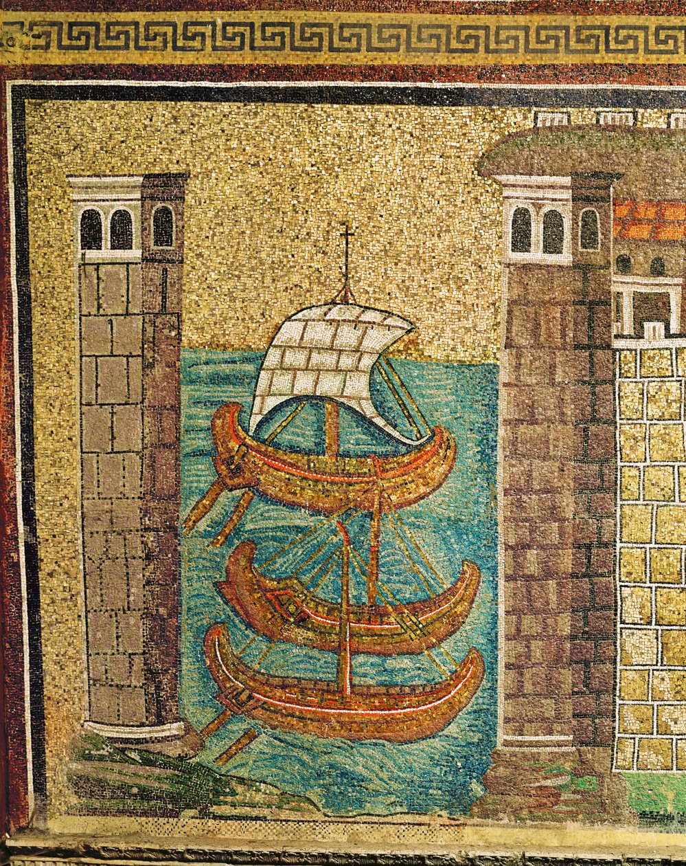 Ingresso del porto di Classe, torri portuali e tre navi, particolare, VI secolo (mosaico) da Byzantine School