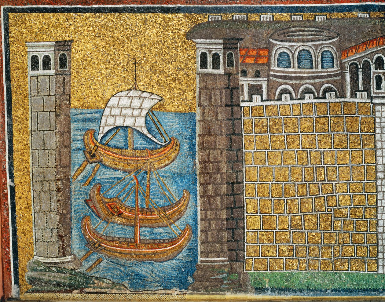 Ingresso del porto di Classe, torri portuali e tre navi, particolare, VI secolo (mosaico) da Byzantine School