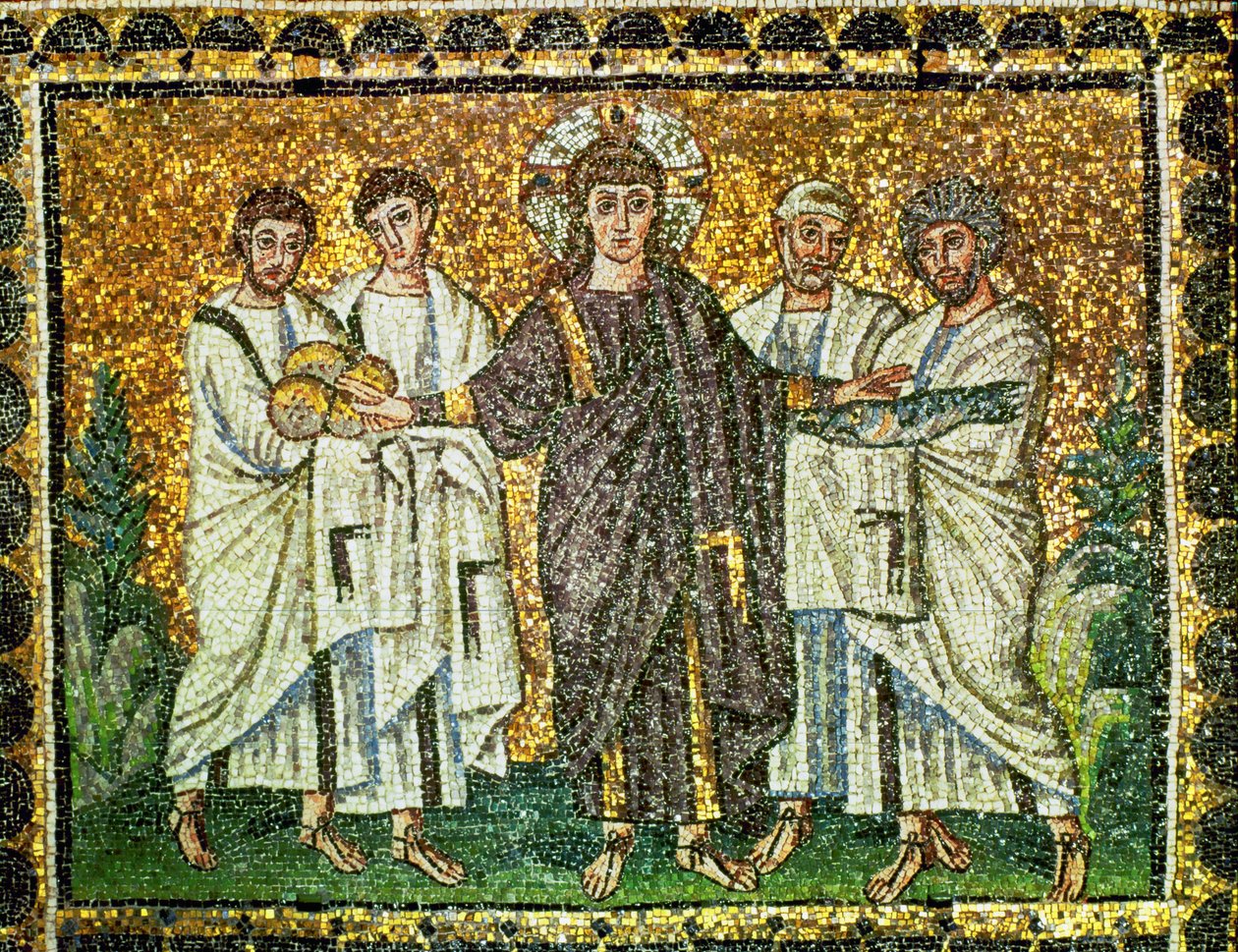 Gesù e la moltiplicazione dei pani e dei pesci, quattro apostoli, VI secolo (mosaico) da Byzantine School