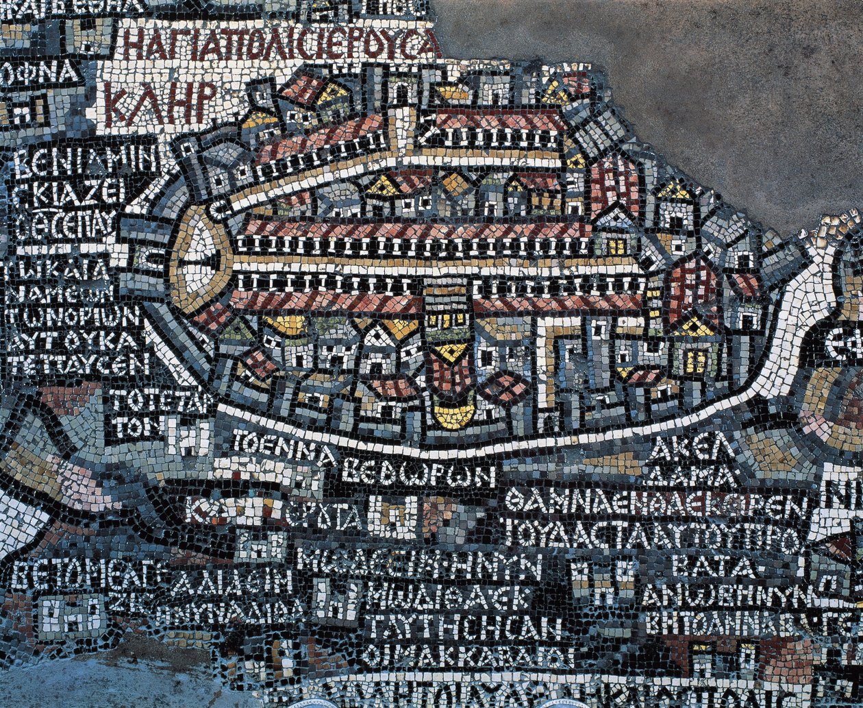 Mappa a mosaico di Madaba (Mappa di Terra Santa), 560, mosaico della Basilica greco-ortodossa di San Giorgio, Madaba, Giordania, civiltà bizantina, VI secolo (mosaico) da Byzantine School