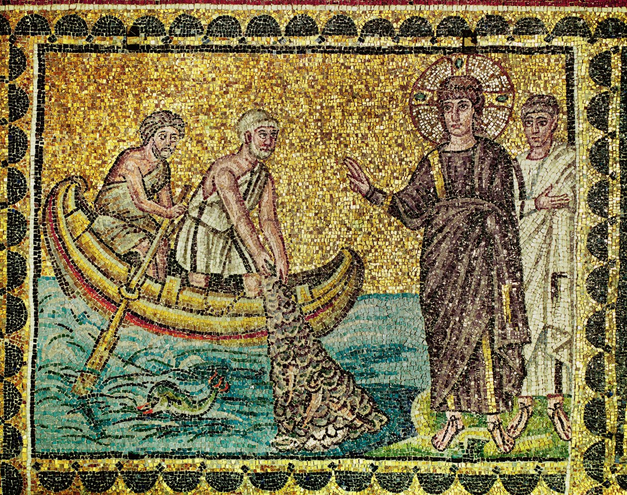 Seconda apparizione di Gesù Cristo agli apostoli pescatori sul lago di Galilea o lago di Genezareth, VI secolo (mosaico) da Byzantine School