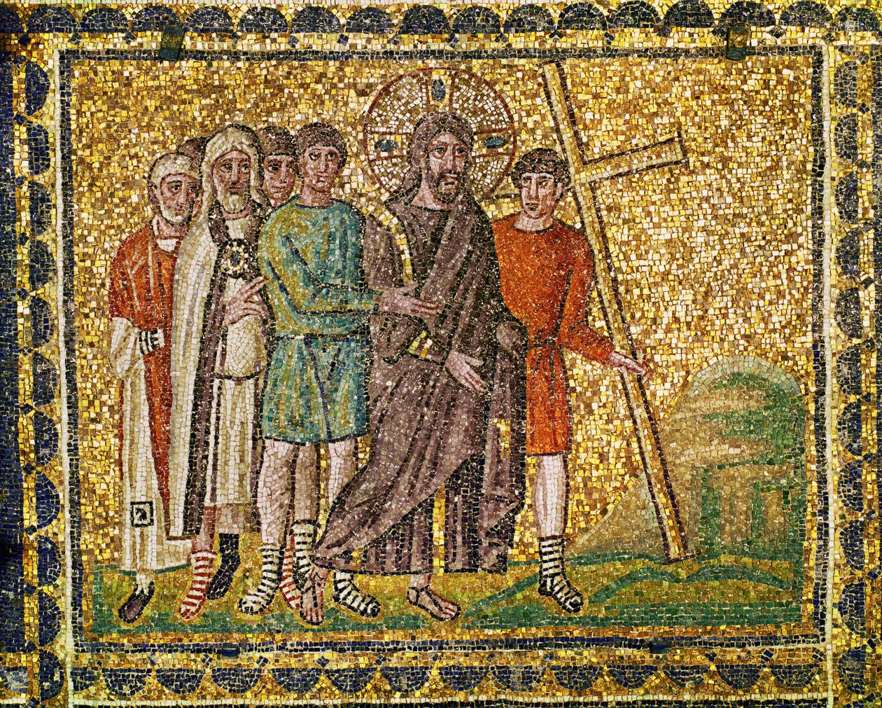 Il trasporto della Croce. Cristo, soldati e sommi sacerdoti sulla via del Golgatha, VI secolo (mosaico) da Byzantine School