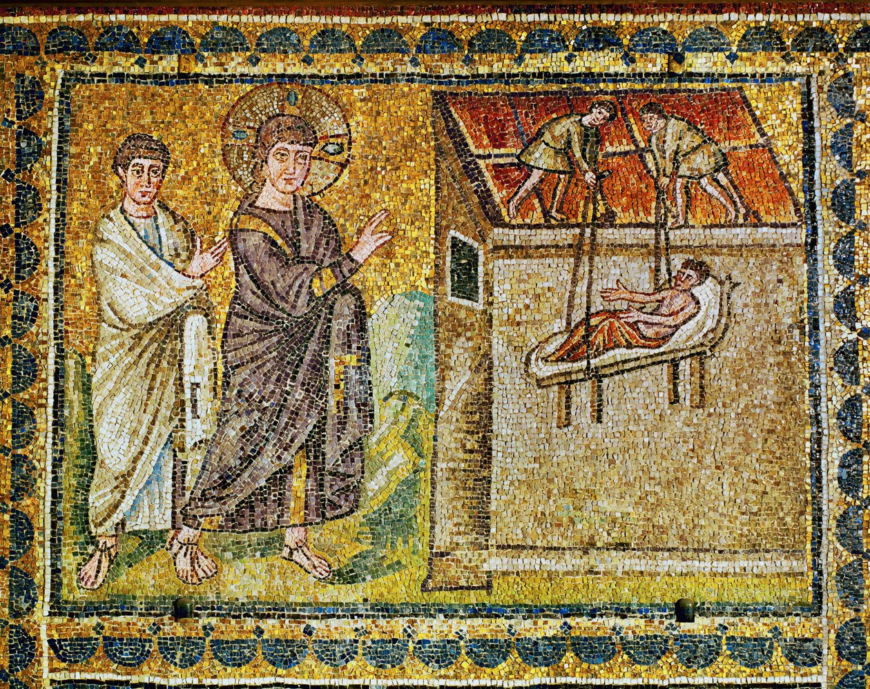 Il paralitico calato dal tetto, Gesù e un apostolo, VI secolo (mosaico) da Byzantine School