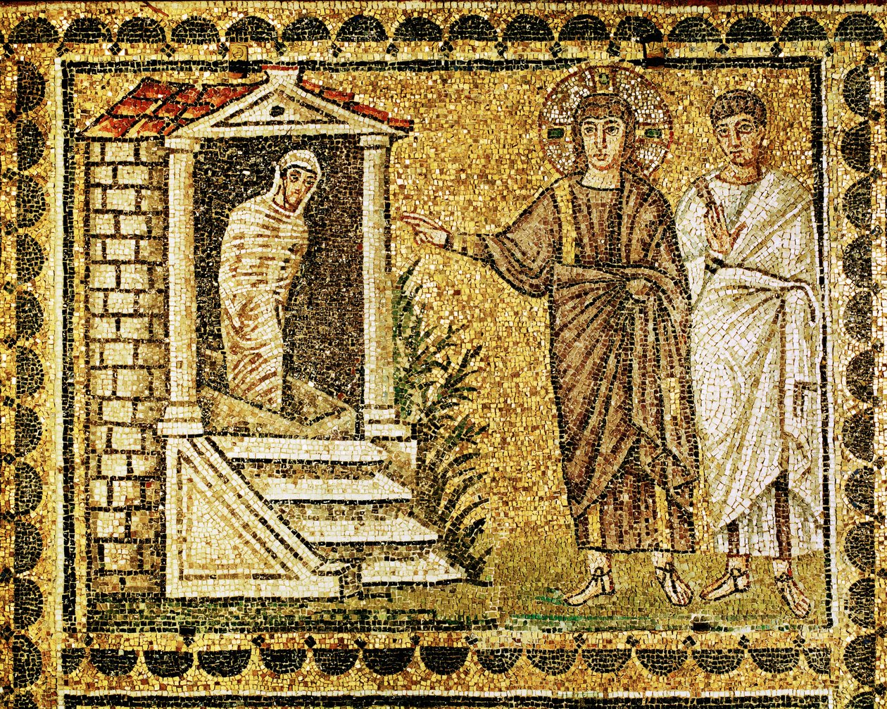 La risurrezione di Lazzaro dai morti, Gesù e un apostolo, VI secolo (mosaico) da Byzantine School