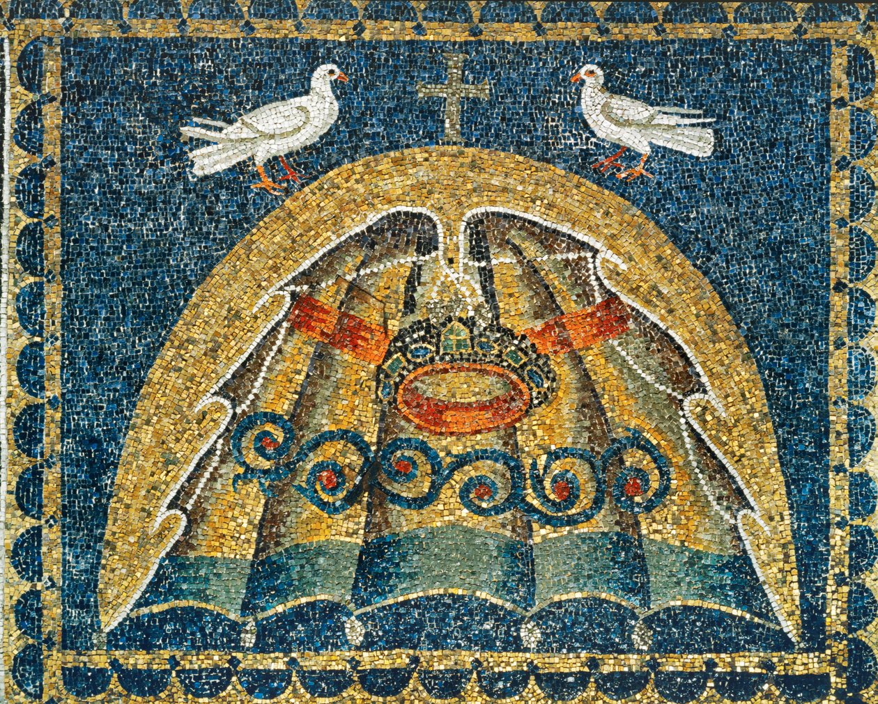 Umbraculum, parte della regalia papale, a forma di conchiglia con colombe in segno di pace, VI secolo (mosaico) da Byzantine School
