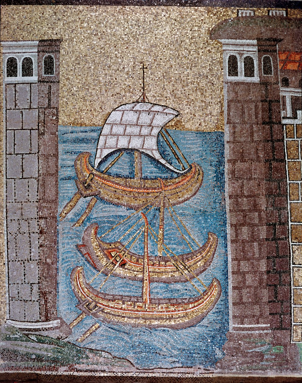Vista delle barche nel porto di Classe (dettaglio di mosaici, VI secolo) da Byzantine School