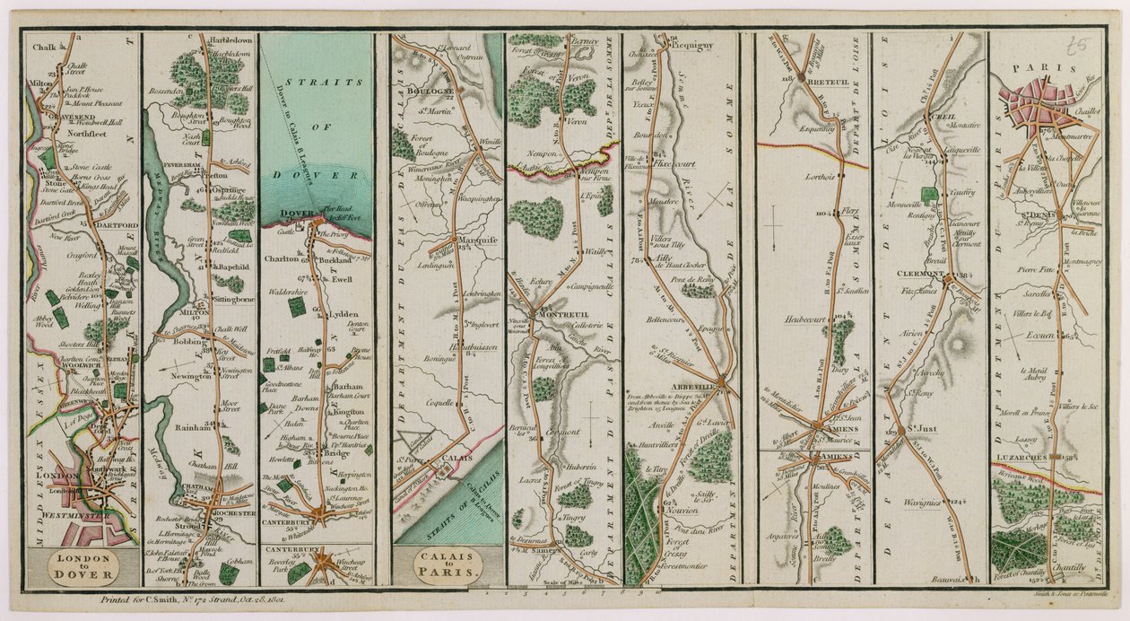 Nuovo piano della strada da Londra a Dover e da Calais a Parigi, inciso da Smith e Jones, 1801 da C. A. Smith
