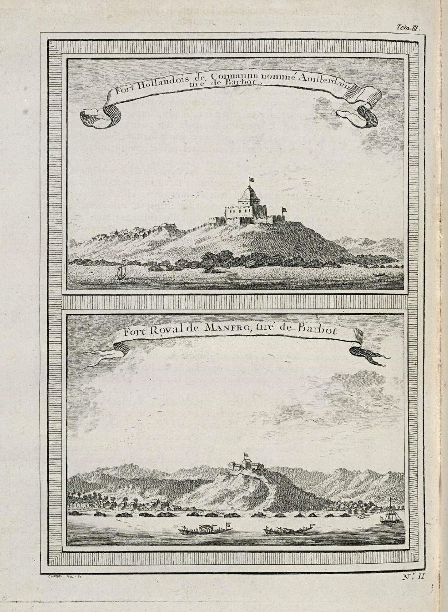 Veduta dei forti di Amsterdam su Cormantin e del forte di Groot Frederiksborg a Princes Town da C. Hedel