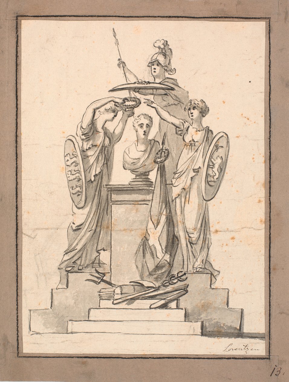 Un busto (Fr. VI?) incoronato da tre donne con stemmi da C.A. Lorentzen