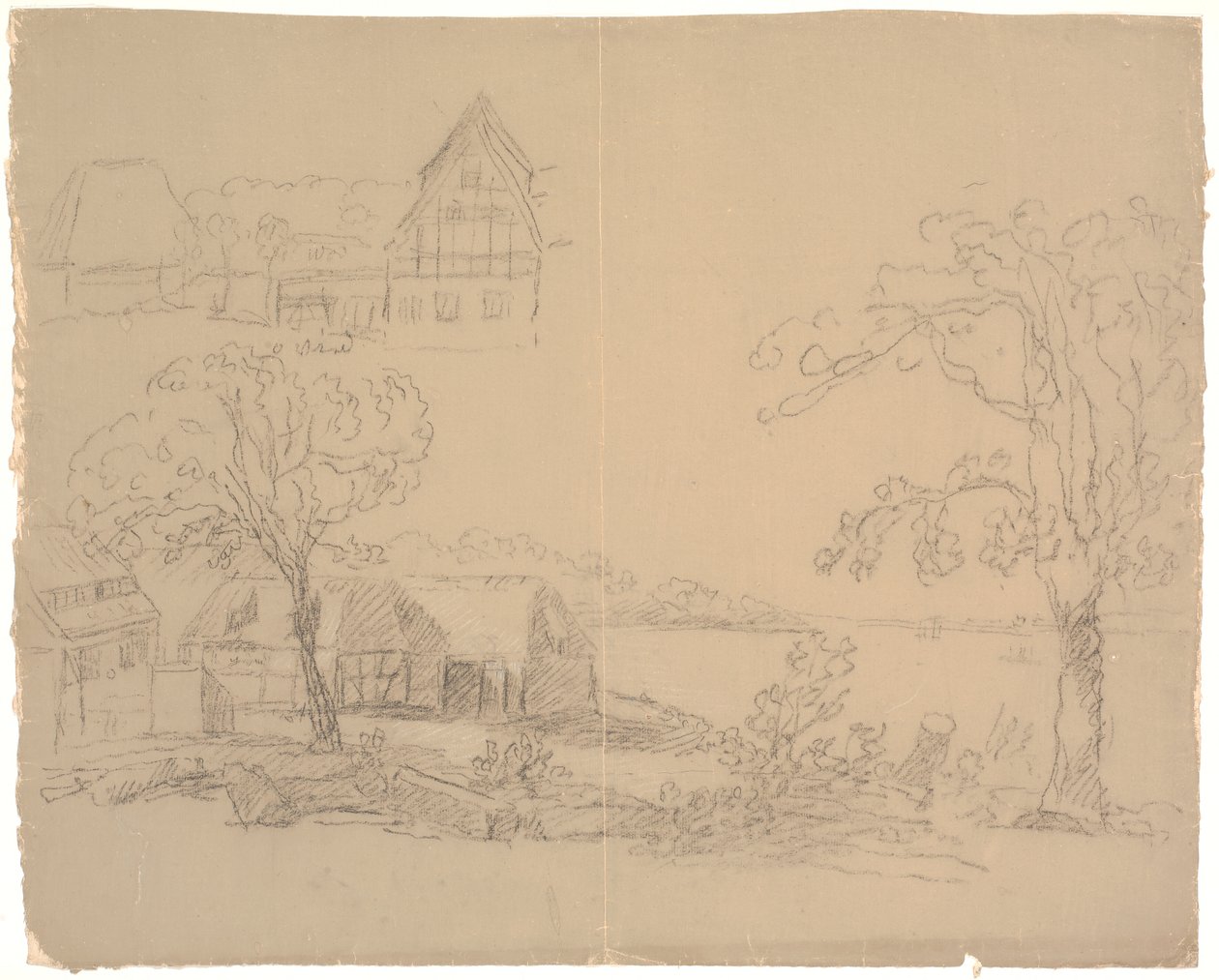 Paesaggio con fattoria vicino a un lago. A sinistra una fattoria da C.A. Lorentzen