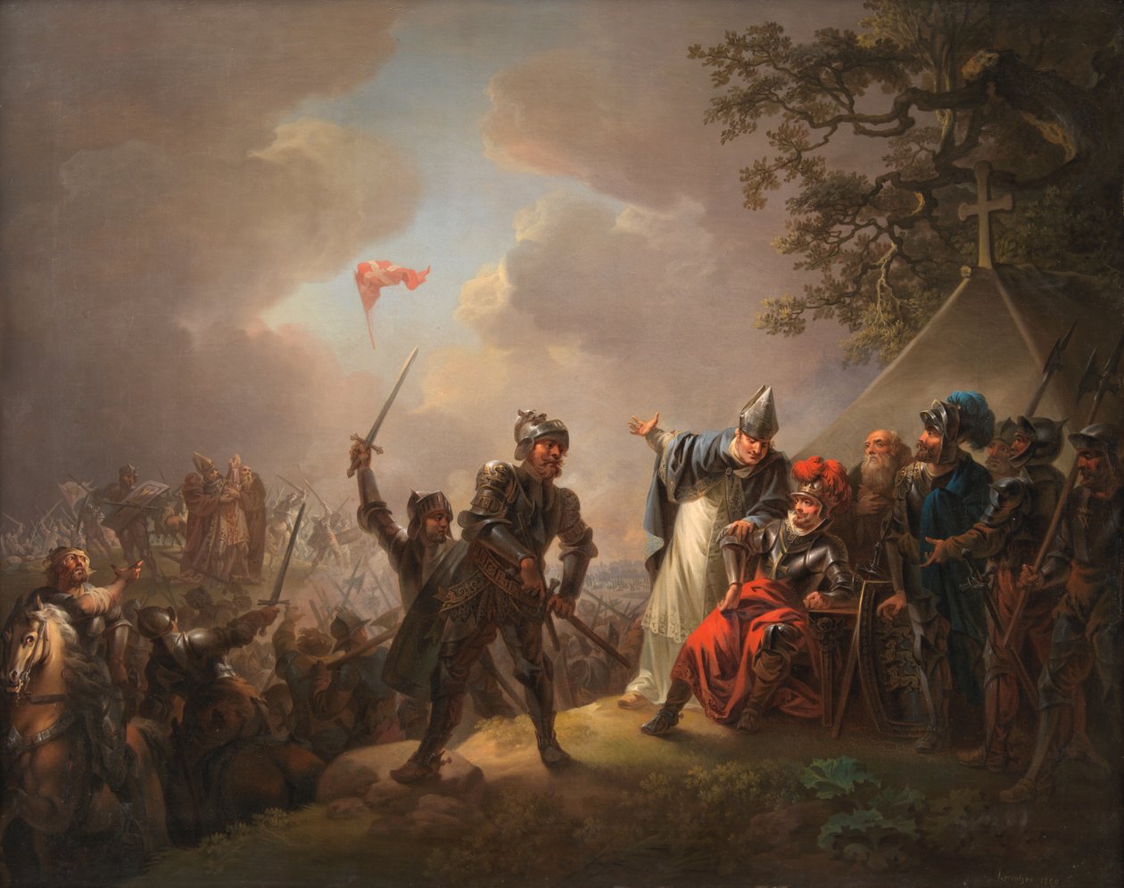 La leggenda della bandiera danese (il Dannebrog) che cade dal cielo durante la battaglia di Lyndanise (Tallin) in Estonia nel 1219 da C.A. Lorentzen