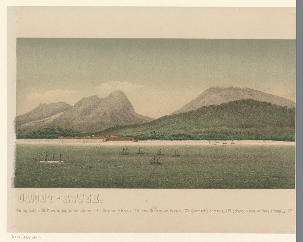 Vista sulla costa di Groot-Atjeh, con la flotta della Prima spedizione di Atjeh da C.A. Whitten