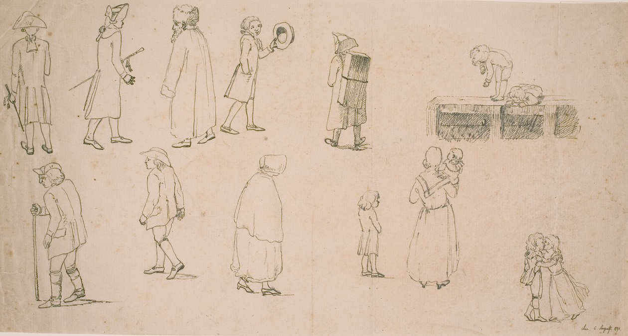 Figure diverse, tra cui 2 gruppi di bambini che giocano e "ritrattista Hansen" da C.D. Fritzsch