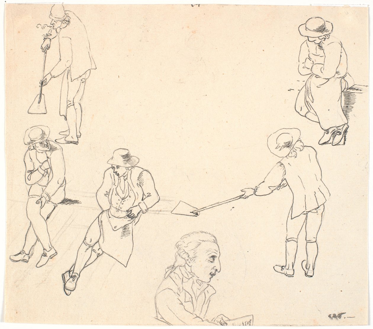 Schizzo con sei figure maschili, due con pale, tre seduti, e un profilo maschile da C.D. Fritzsch