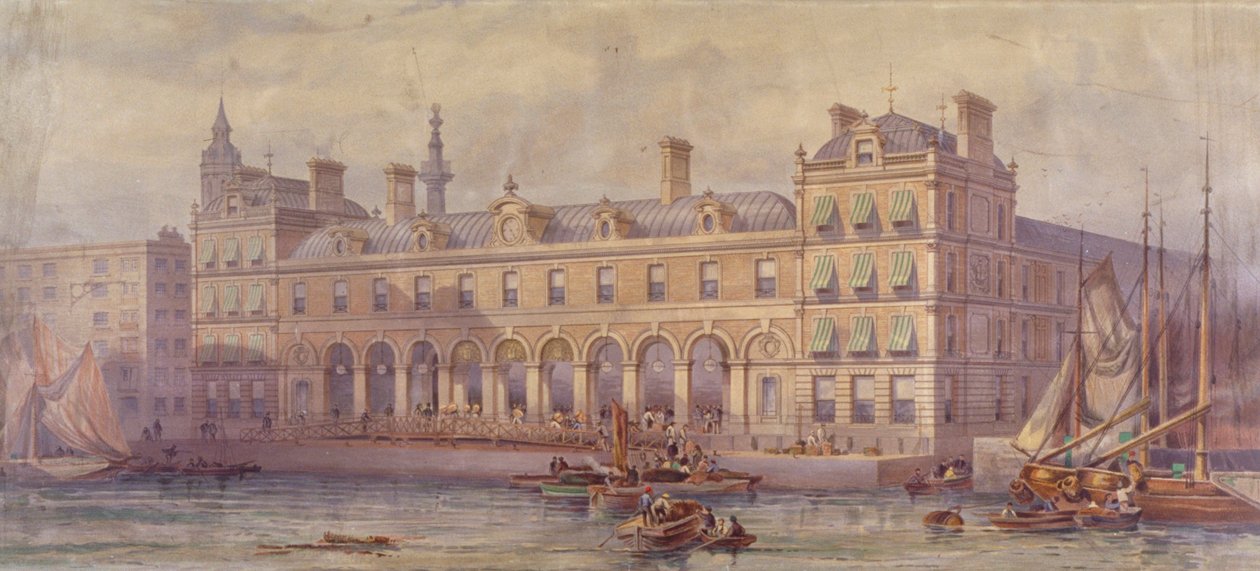 Veduta del mercato di Billingsgate con figure e barche in primo piano, Londra, 1877 da CF Kell