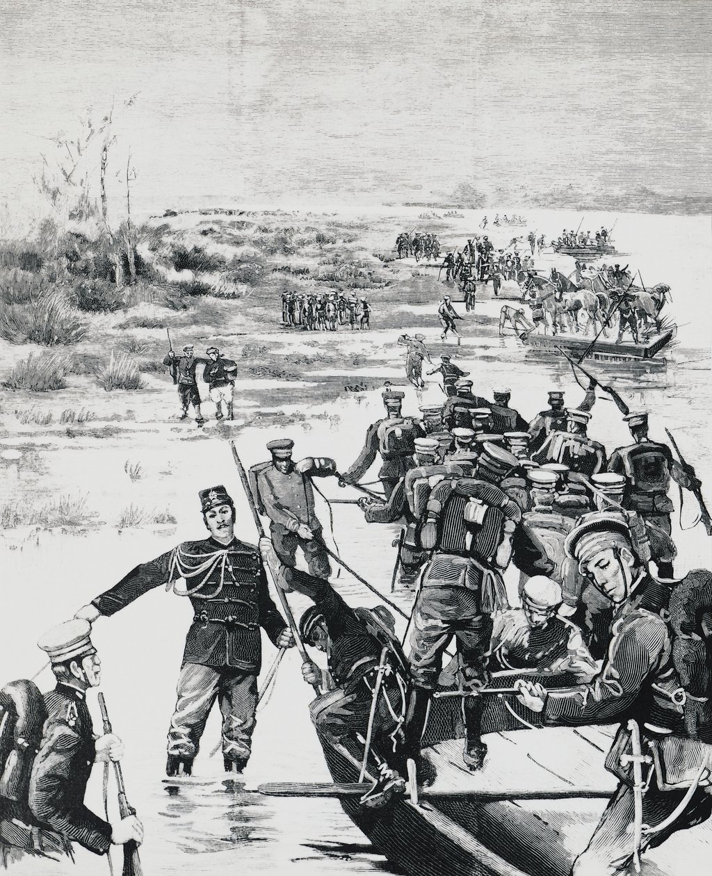 Truppe giapponesi sotto il comando di Yamagata Aritomo che attraversano il fiume Yalu da J.B. and Brown J. Rowbotham