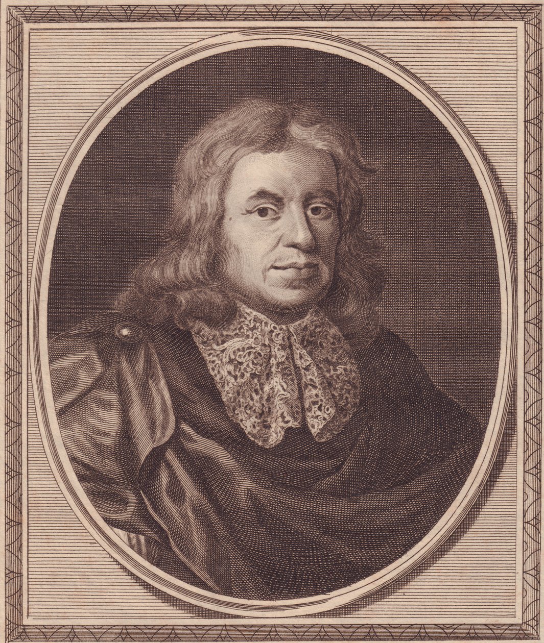 Ritratto del medico inglese Thomas Sydenham, incisione in rame di John Goldar da un dipinto di P Lely da J.B. and Brown J. Rowbotham