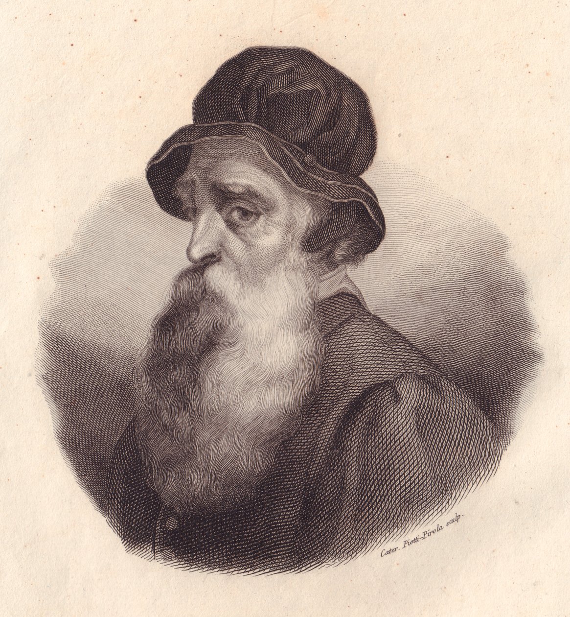 Ritratto dello scultore e orafo italiano Benvenuto Cellini, incisione in rame di Caterina Piotti-Pirola da un dipinto di Giorgio Vasari da J.B. and Brown J. Rowbotham