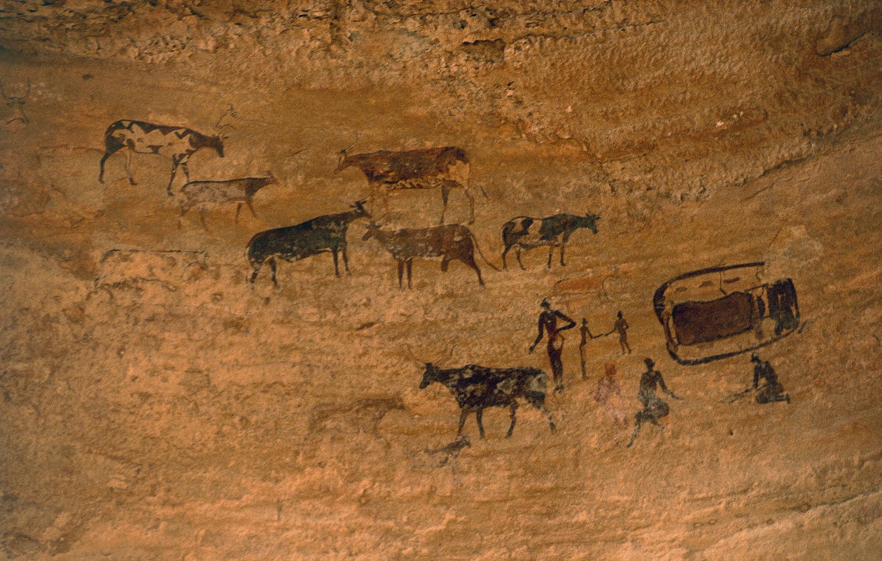 Scena di vita quotidiana con bestiame, arte rupestre, Tassili n