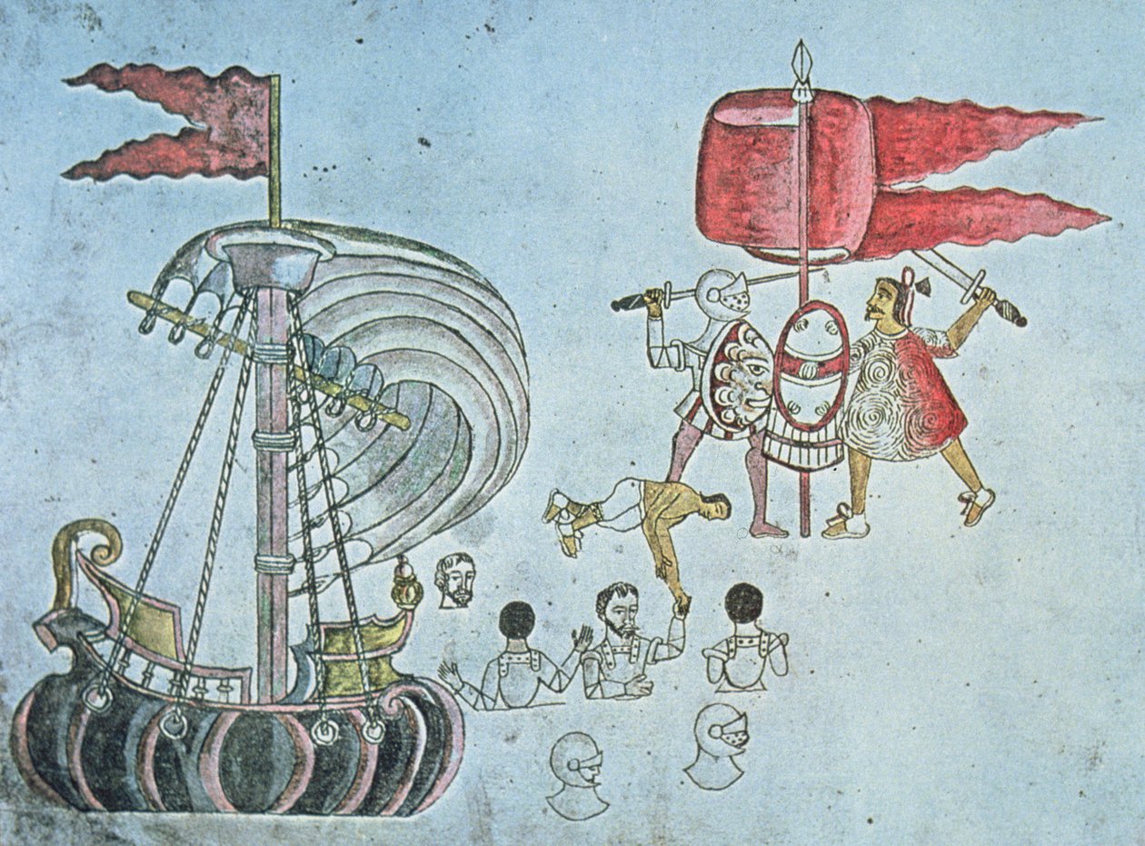 Soldati spagnoli di Hernan Cortes sbarcano nel 1519 per combattere gli Aztechi, copiato dal Codice Azcatitlan, c.1550 da J.B. and Brown J. Rowbotham