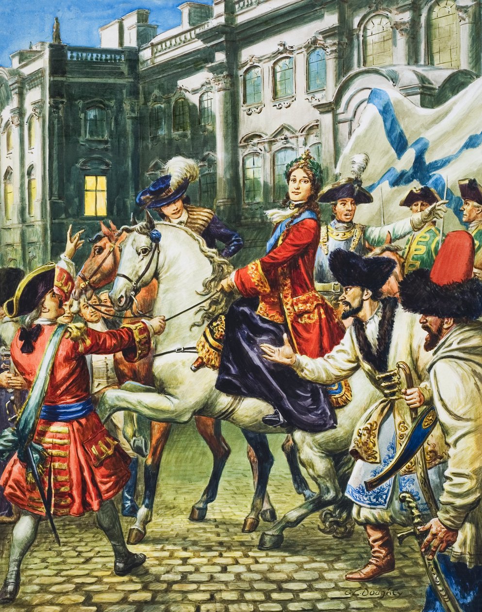 Caterina la Grande (1729-96) diventa imperatrice di Russia dopo aver fatto imprigionare il marito, lo zar Pietro (gouache su carta) da C.L. Doughty