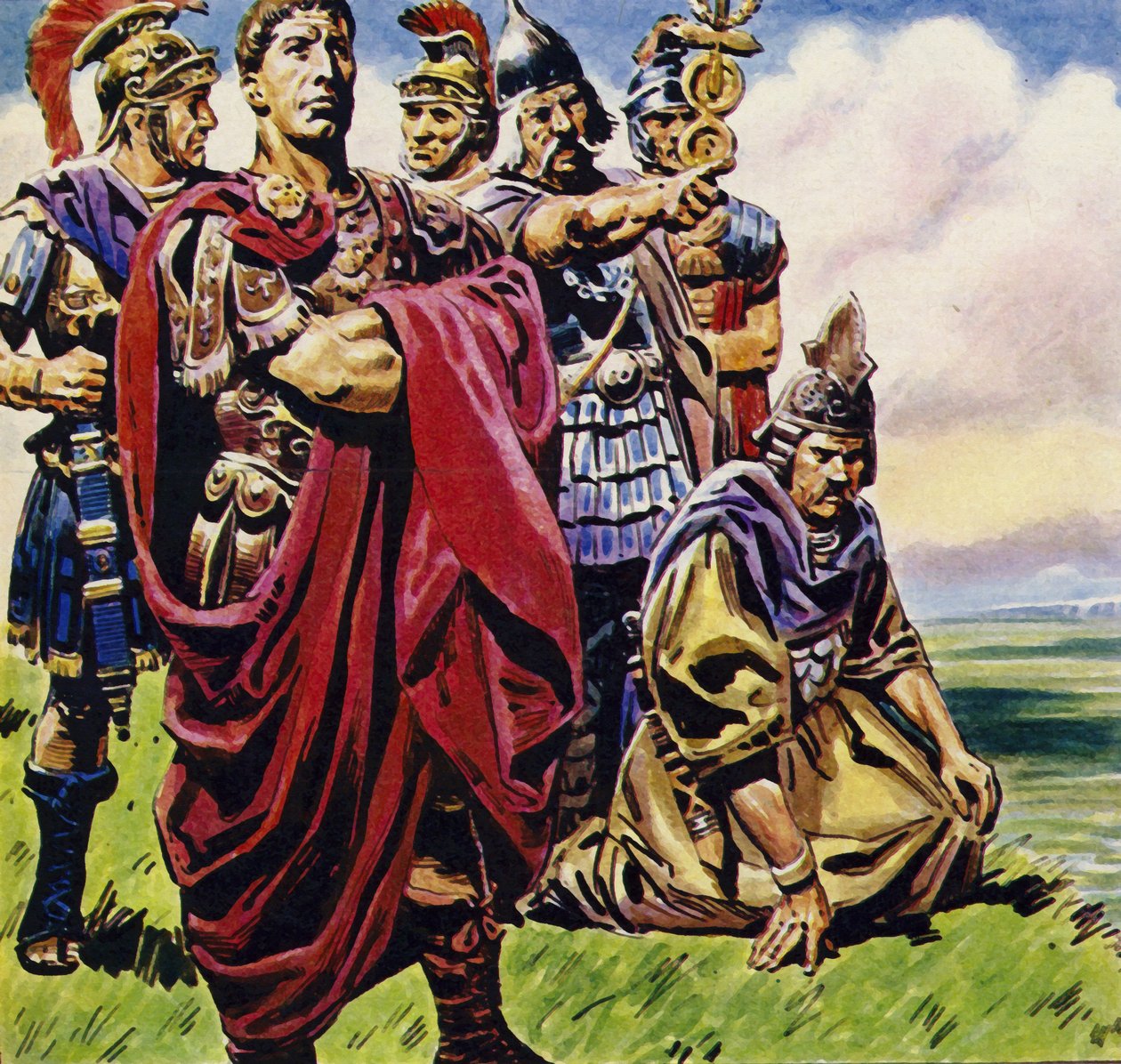Dopo la conquista della Gallia, Giulio Cesare punta alla Britannia (litografia a colori) da C.L. Doughty