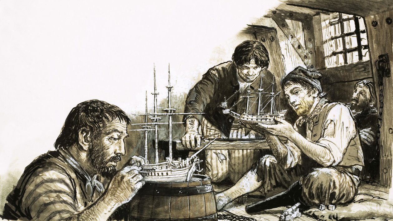 Prigionieri di guerra francesi delle guerre napoleoniche che costruiscono modellini di navi da C.L. Doughty