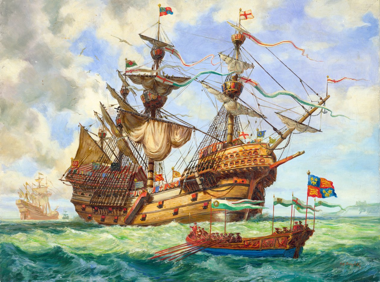 Il Great Harry, nave ammiraglia della flotta di re Enrico, con molti dei suoi 251 cannoni (gouache su carta) da C.L. Doughty