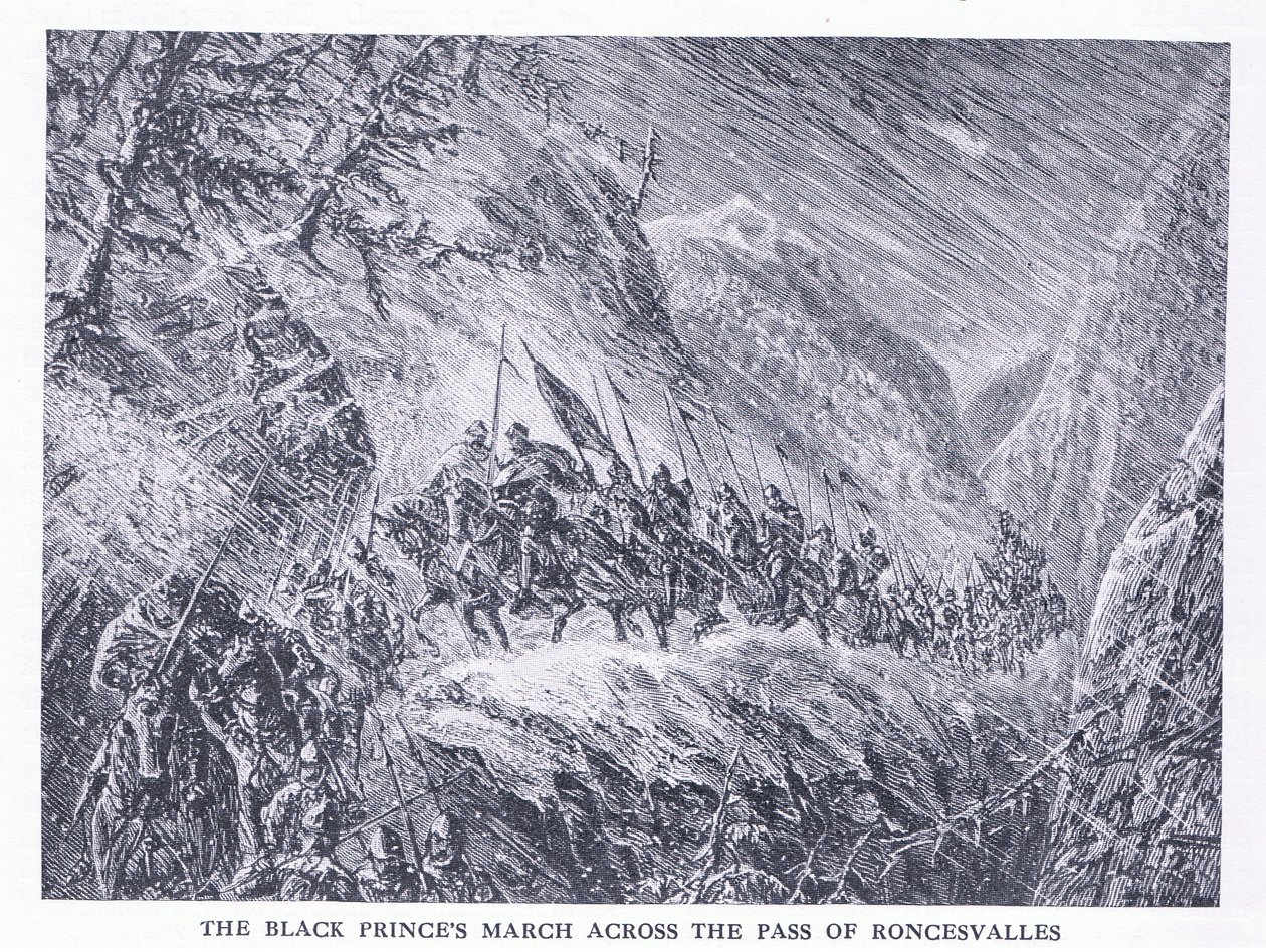 La marcia del Principe Nero attraverso il Passo di Roncisvalle, da La Storia del Popolo Britannico di Cassell pubblicato da Waverley Book Company Limited, c.1940 da C.O. Murray